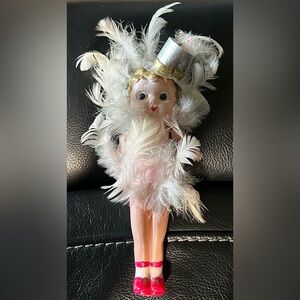 Vintage Celluloid Kewpie Doll 
Feathered Flapper Doll with Silver Top Hat